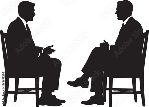 Two men in suits sitting on chairs facing each other in silhouette 1