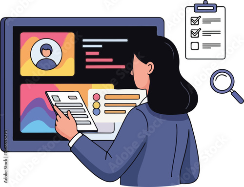 Woman reviewing online profiles and applications on a computer screen symbolizing recruitment and human resources processes.