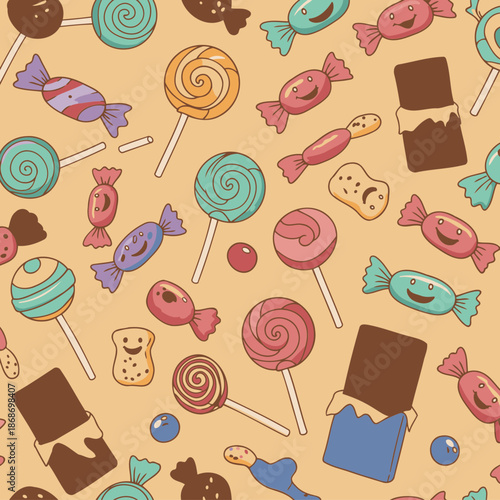 Colorful candy and chocolate pattern on beige background. Cute, cartoonish design with various sweets and treats in a seamless repeating pattern.