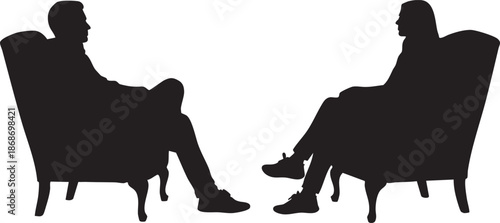 Two people sitting in armchairs having a conversation silhouette
