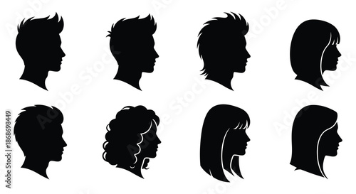 A collection of diverse head profiles in black showcasing various hairstyles in a striking silhouette