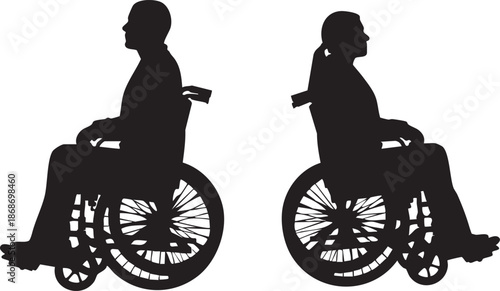 Two people sitting in wheelchairs with heart-shaped wheels silhouette
