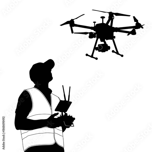 Drone Pilot Silhouette Operating Quadcopter UAV Vector