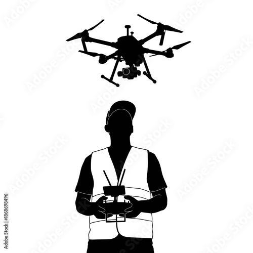 Drone Operator Silhouette Flying Camera Drone Front View Vector
