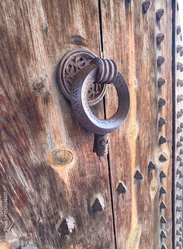 Ancient fortified door with ornate ring knocker and iron spikes guarding forgotten realms.