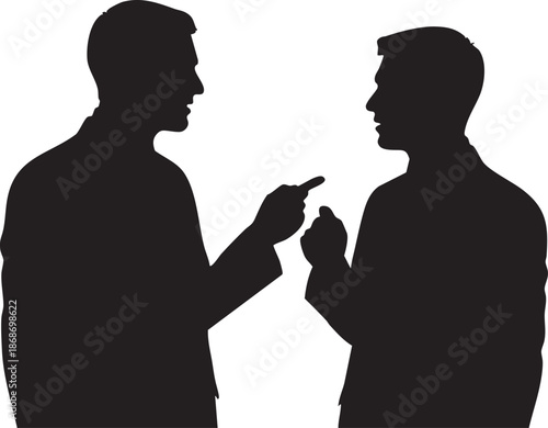 Two silhouetted men arguing with pointing fingers against a white background