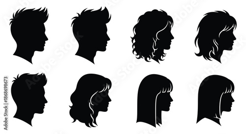 Diverse collection of human head profiles presented in striking black and white silhouette