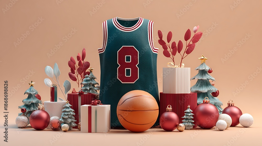 Naklejka premium Festive basketball jersey display with ornaments, gifts, trees, and basketball on a beige background