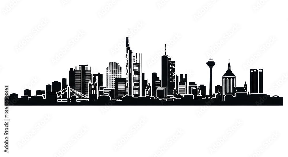 Fototapeta premium highly detailed flat black vector silhouette of frankfurt am main, germany, modern architecture against transparent background, minimal graphic design. concept for corporate identity asset