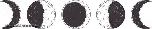Five minimalist moon phases in monochrome line style
