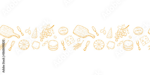 Horizontal Cheese Seamless Border, Food Border Strip. Cheese Horizontal Repeat, Seamless Border Pattern. Charcuterie Border Strip, Seamless Food Frame