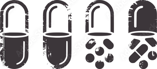 Four black contrast pill capsules with broken pieces