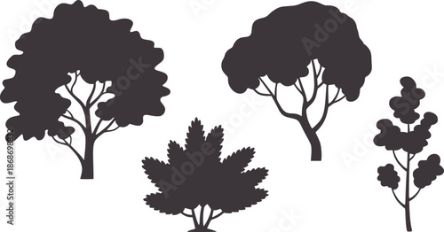 Four black silhouette tree with different leaf shapes