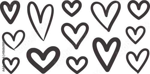 Hand drawn black hearts set in various styles minimalist