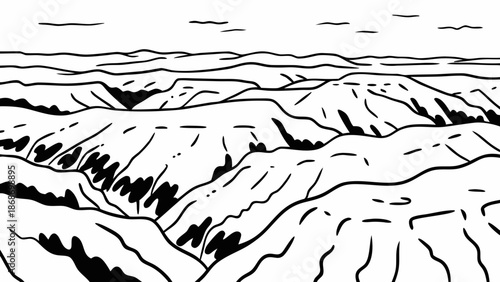 Black and white illustration of rugged mountain landscape with rolling hills and distant horizon
