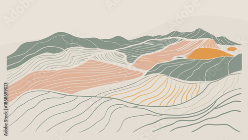 Abstract mountain landscape with colorful hills and sun