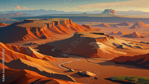 A stylized digital illustration of a vast desert canyon landscape with rugged terrain and a serene river flowing through it under a vast sky