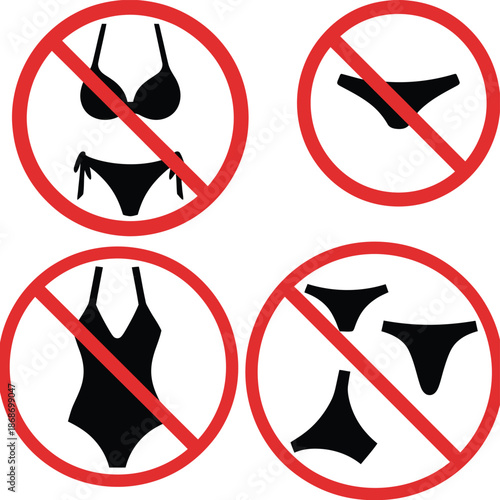 No Swim wear Icon Flat Illustration, forbidden sign with bikini symbol on white background, nude beach summer rule, warning and restriction concept.