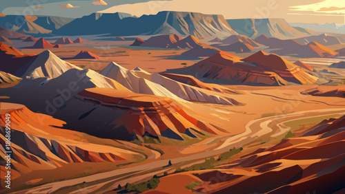 A stylized illustration of a vast desert canyon landscape with rugged terrain and winding paths under a partly cloudy sky