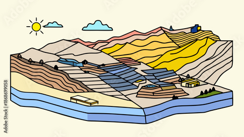 A cross section of a mining site with detailed geological layers and solar panels