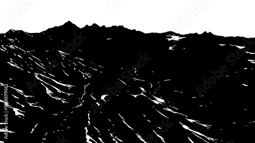 Black silhouette of rugged mountain range with snow on white background