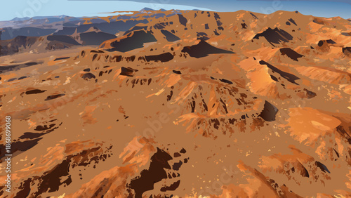 Aerial view of a rocky desert landscape with mountains and orange brown terrain under a clear blue sky