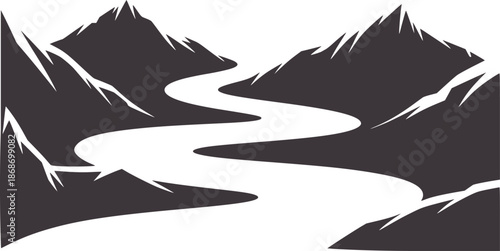 Minimalist black and of winding river through mountain landscape