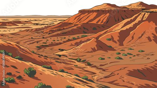 Desert landscape with red rock formations and sparse green shrubs in a dry valley