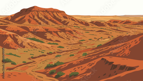 A panoramic mountain landscape meets a vast desert wilderness under a sunset sky, featuring rolling red sand dunes and arid rock patterns for a hot travel adventure