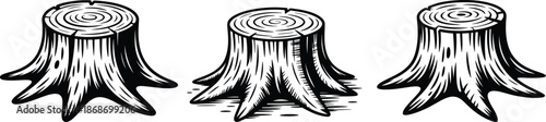 Three Tree Stumps Vector Set, Cut Wood Trunk Icons in Black and White.