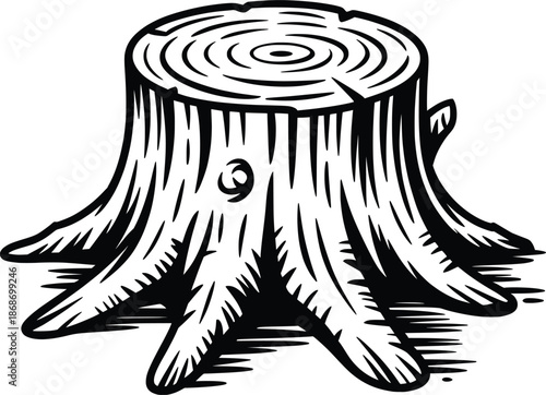 Tree Stump Vector Illustration, Cut Wood Trunk Icon in Black and White