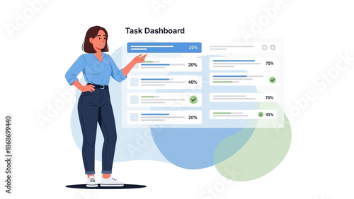 Woman Analyzing Task Dashboard with Progress Bars and Percentages