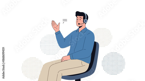 Man with Headset Working in Customer Service, Talking and Gesturing