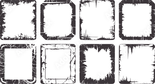 Seven black grunge style square frames with rough edges and distressed texture