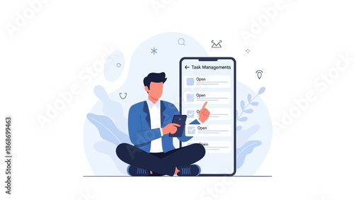 Man with phone using task management app, sitting cross-legged, modern flat illustration.