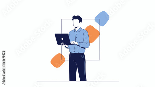 Man with Laptop, Abstract Shapes, Minimalist Business Illustration