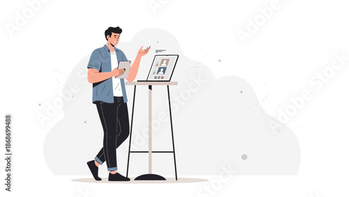 Man with tablet and laptop, video call, remote work, modern communication concept illustration