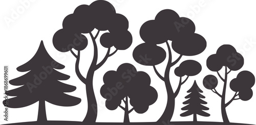 Silhouette of various deciduous and coniferous trees in flat style