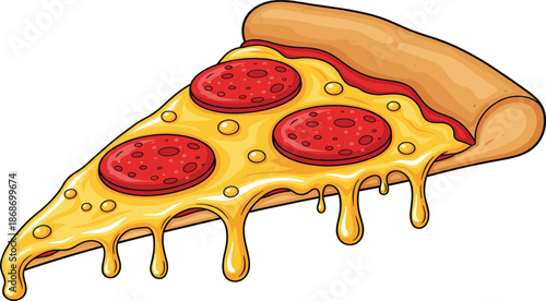 Vector illustration of a delicious pepperoni pizza slice featuring melted gooey yellow cheese dripping from the sides and crispy crust isolated.