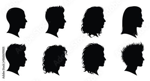a collection of diverse head profiles displayed as dark shapes showcasing different hairstyles silhouette