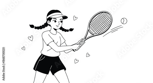 Athletic young girl with braids and a sun visor swinging a tennis racket to hit a ball surrounded by small floating hearts in line art.