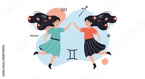 Colorful illustration representing the gemini zodiac sign with two twin girls with long dark hair decorated with flowers dancing together.