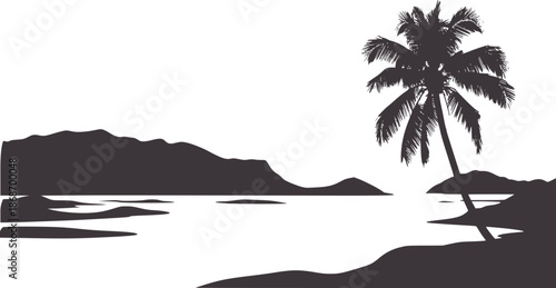 Tropical beach scene with single palm tree and mountain silhouette