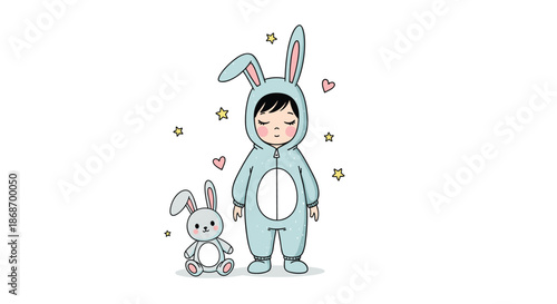 Cute little child wearing a light blue bunny onesie standing with closed eyes next to a small plush rabbit toy under yellow starry sky.
