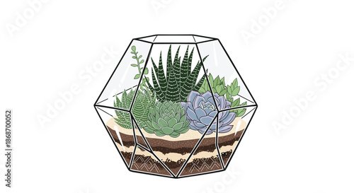 Geometric glass terrarium containing various types of green and purple succulents arranged on layers of sand and soil in a modern design style.
