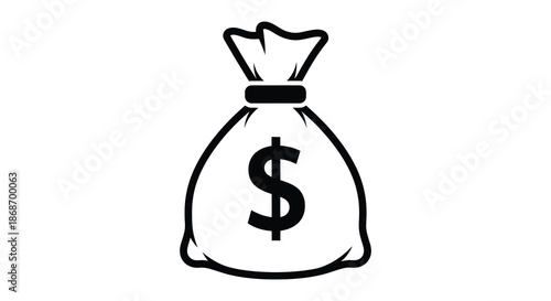 A simple black graphic depicts a bag of money with a prominent dollar sign silhouette