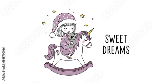 Little girl in striped pajamas and a nightcap riding a purple rocking unicorn while hugging a small koala toy under the text sweet dreams.
