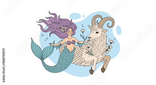 Mythical capricorn zodiac illustration featuring a beautiful mermaid with purple hair swimming alongside a majestic sea goat in blue water.