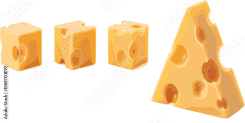Vector illustration set of yellow cheese featuring three small cubes and one large triangular wedge with holes isolated on a white background.