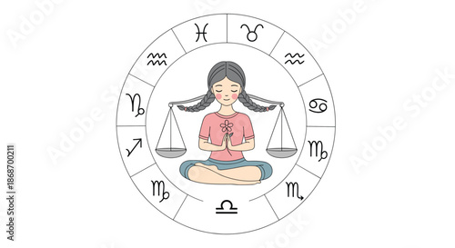 Girl with braids meditating in the center of a zodiac wheel holding a flower and balancing the libra scales in a peaceful illustration.